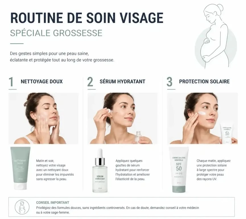 Routine quotidienne de soin visage femme enceinte en trois étapes simples