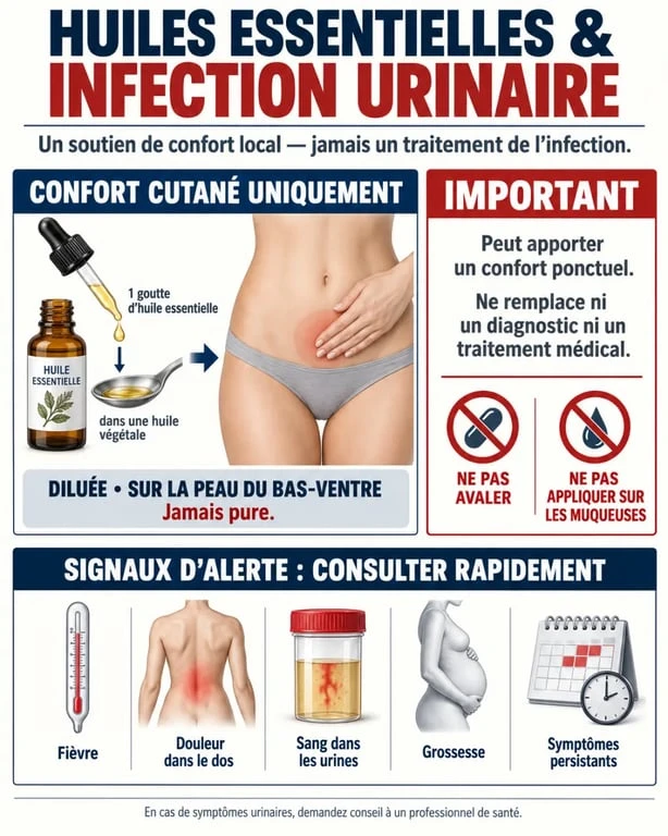 Huiles essentielles infection urinaire : usages complémentaires et signes d’alerte à connaître