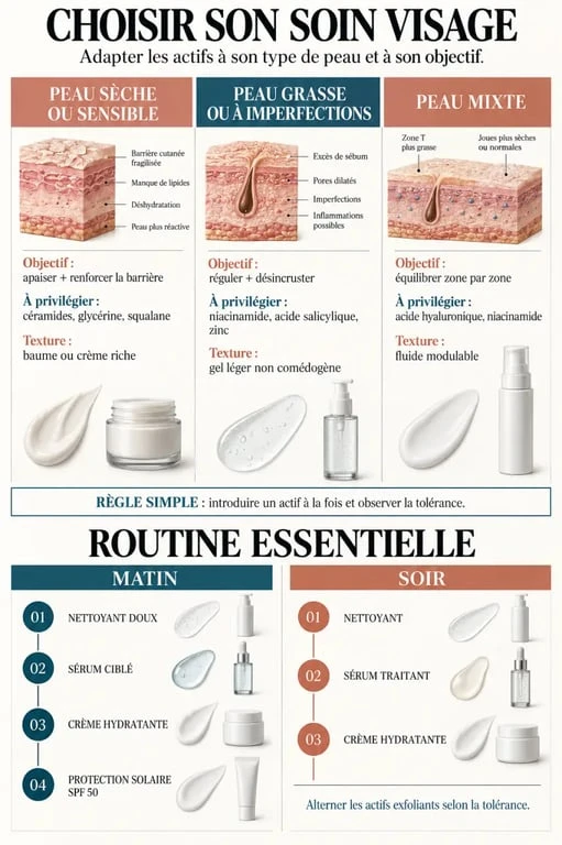 Infographie pour choisir un soin du visage produit selon son type de peau et sa routine