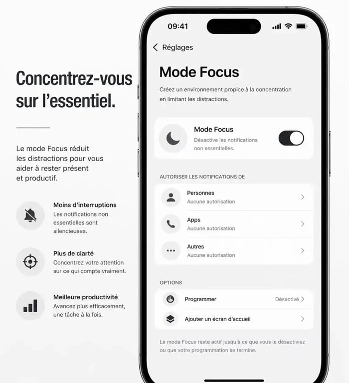 Interface du mode Sans distractions sur Android pour le bien-être numérique