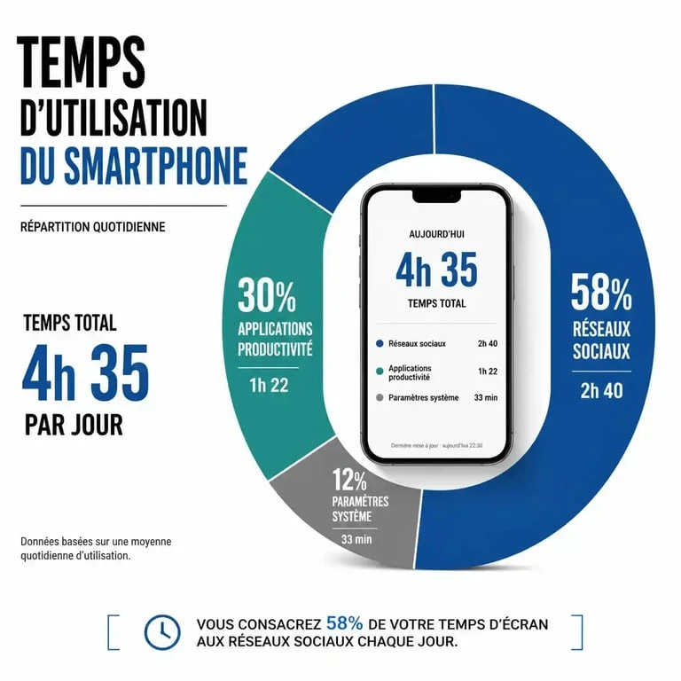 Graphique circulaire illustrant la répartition du temps d'écran pour le bien-être numérique sur Android