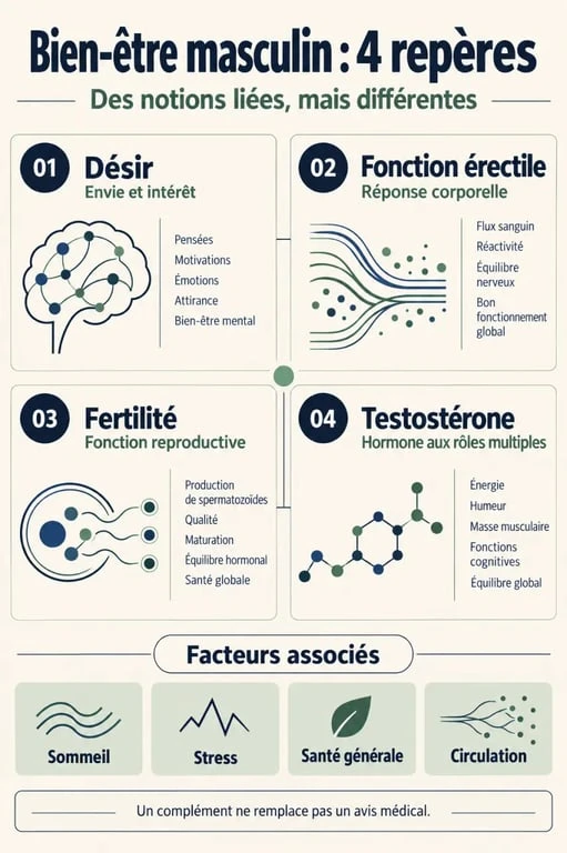 Infographie sur le complément alimentaire libido homme et la différence entre désir, érection, fertilité et testostérone