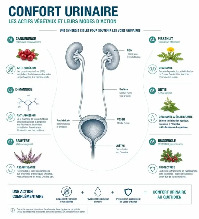 Infographie complément alimentaire confort urinaire et actifs végétaux