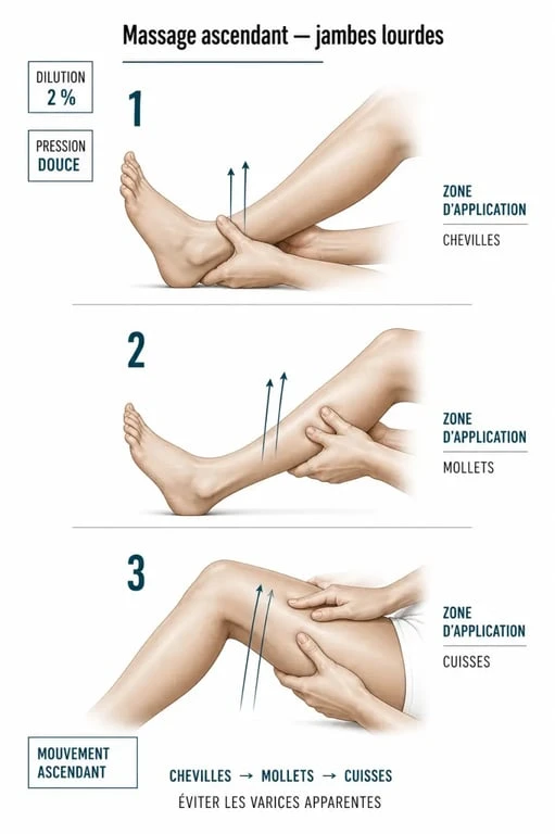 Huiles essentielles jambes lourdes : massage ascendant des chevilles vers les cuisses avec dilution et gestes de confort