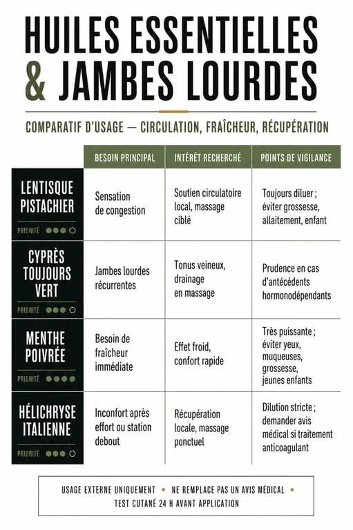 Huiles essentielles jambes lourdes : tableau visuel des huiles à privilégier selon la congestion, la fraîcheur et les précautions
