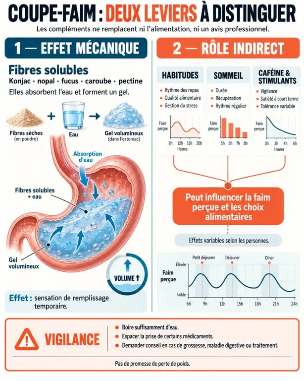 Infographie sur le complément alimentaire coupe-faim et les mécanismes de satiété des fibres