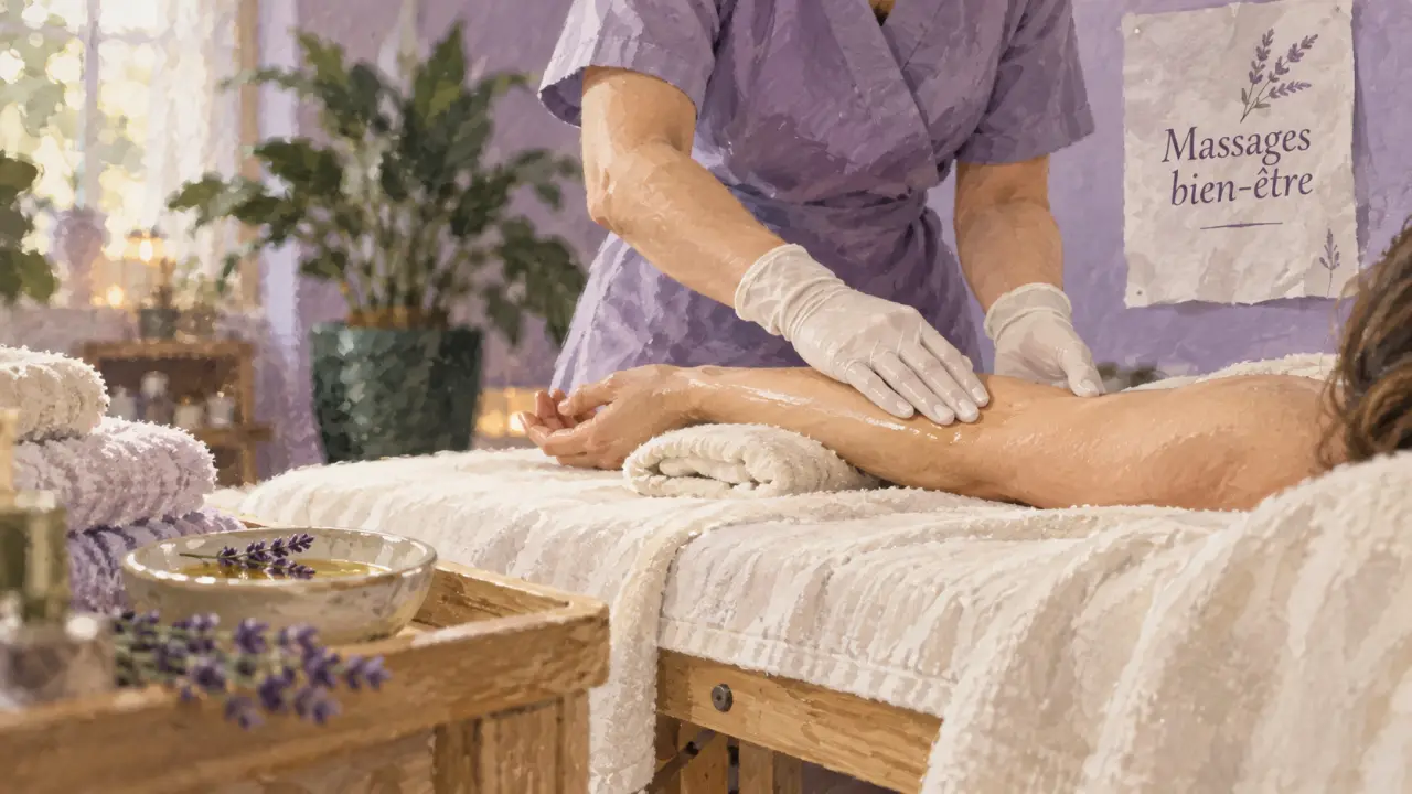 Devenir masseur bien être : massage sur table, huile de lavande et serviettes