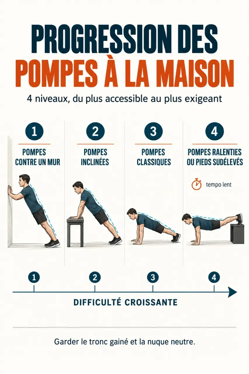 Progression des exercices pectoraux maison du mur aux pompes pieds surélevés