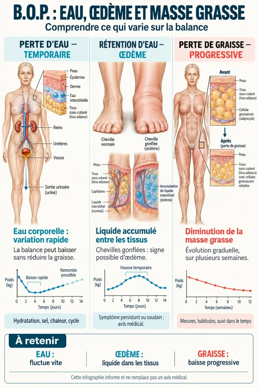 Infographie BOP avis perte de poids : différence entre perte d’eau, rétention d’eau et perte de graisse