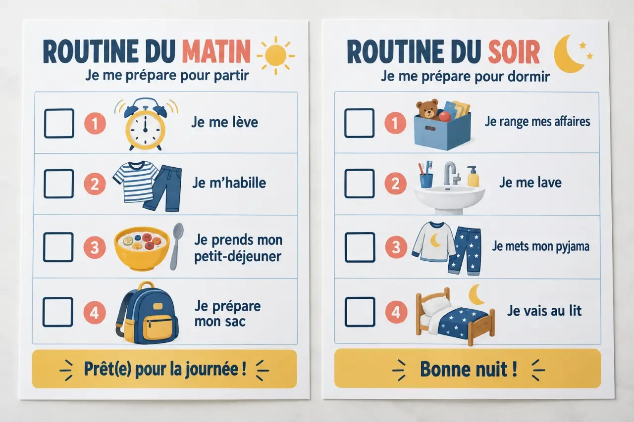 Aperçu visuel d’un modèle de routine du matin et du soir pdf à imprimer pour enfant