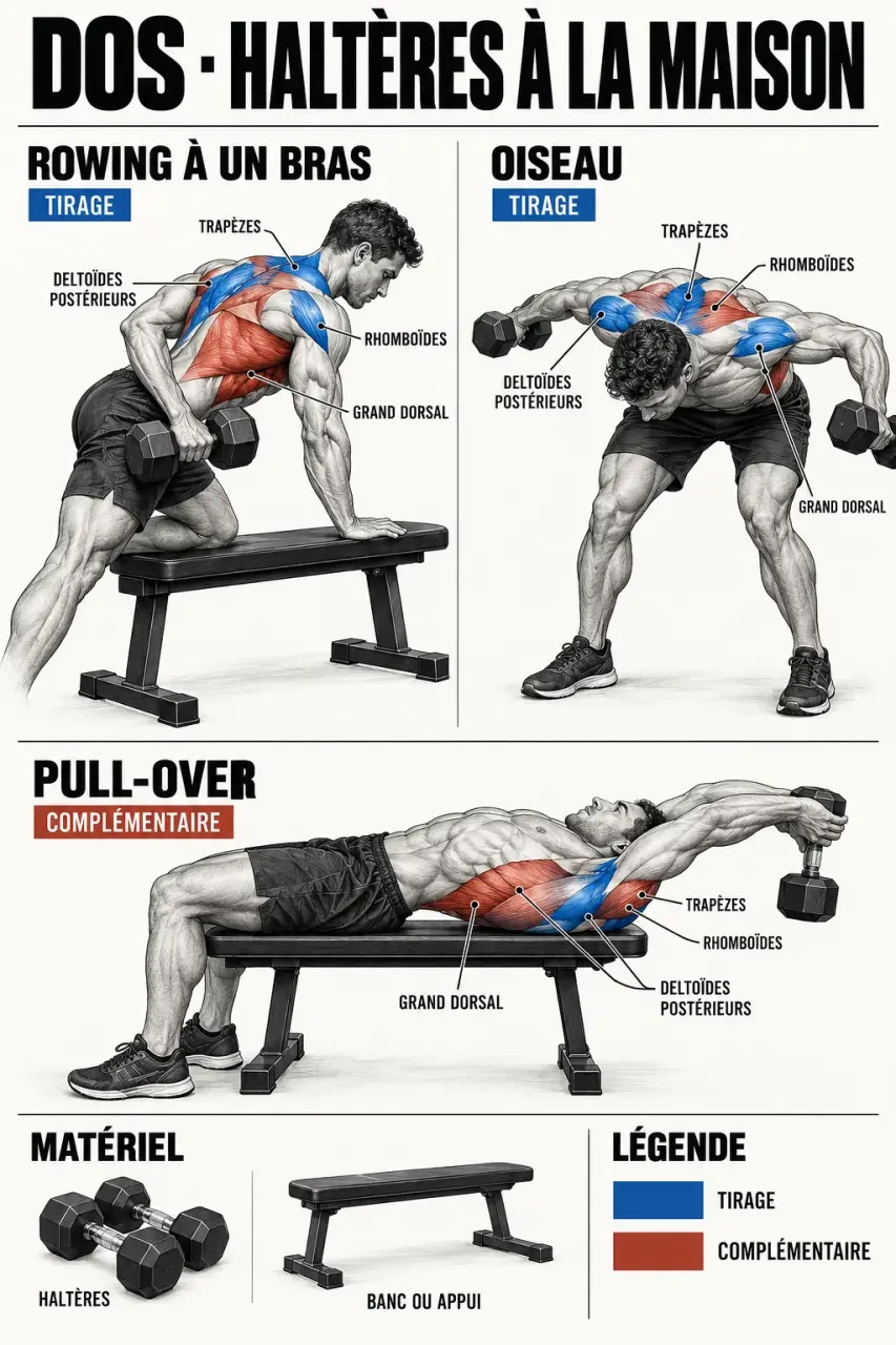 Exercices dos maison haltères et muscles ciblés selon chaque mouvement