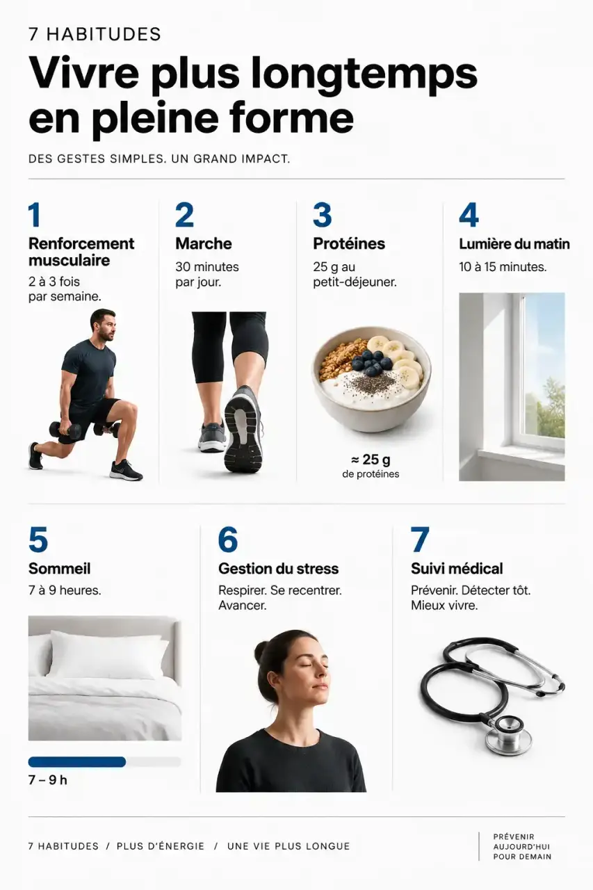 Vivre plus longtemps en pleine forme : les habitudes bien-être à adopter au quotidien, repères chiffrés en infographie