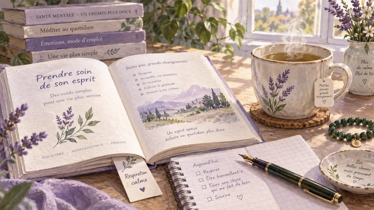 Livre santé mentale respiration calme, carnet et tisane