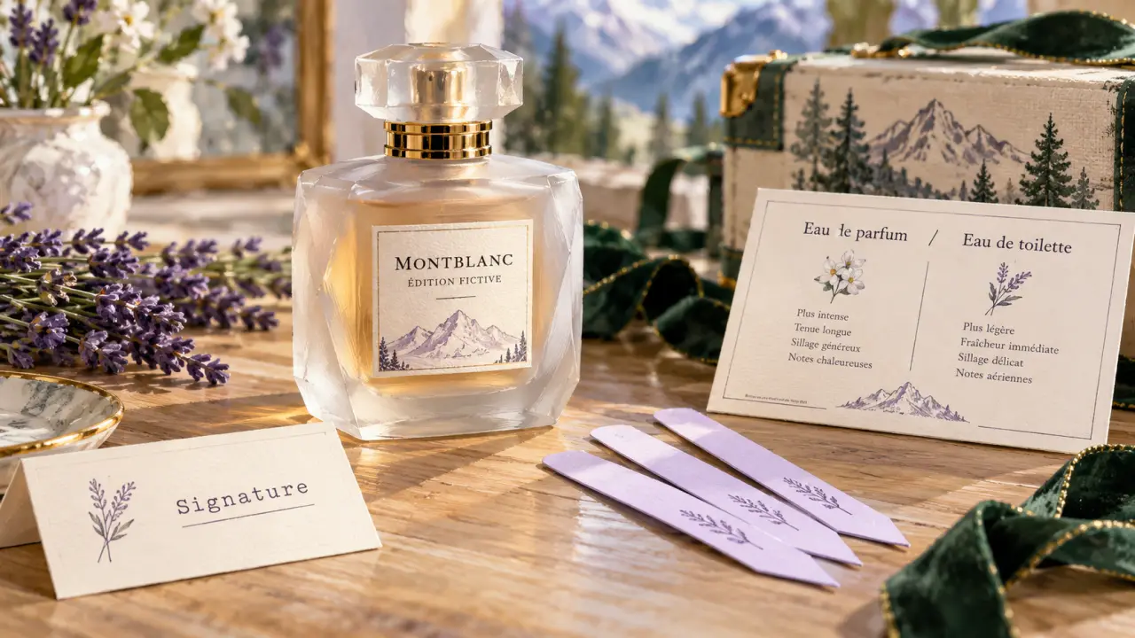 Montblanc femme parfum : flacon Signature, Elixir et Absolue sur table bois clair