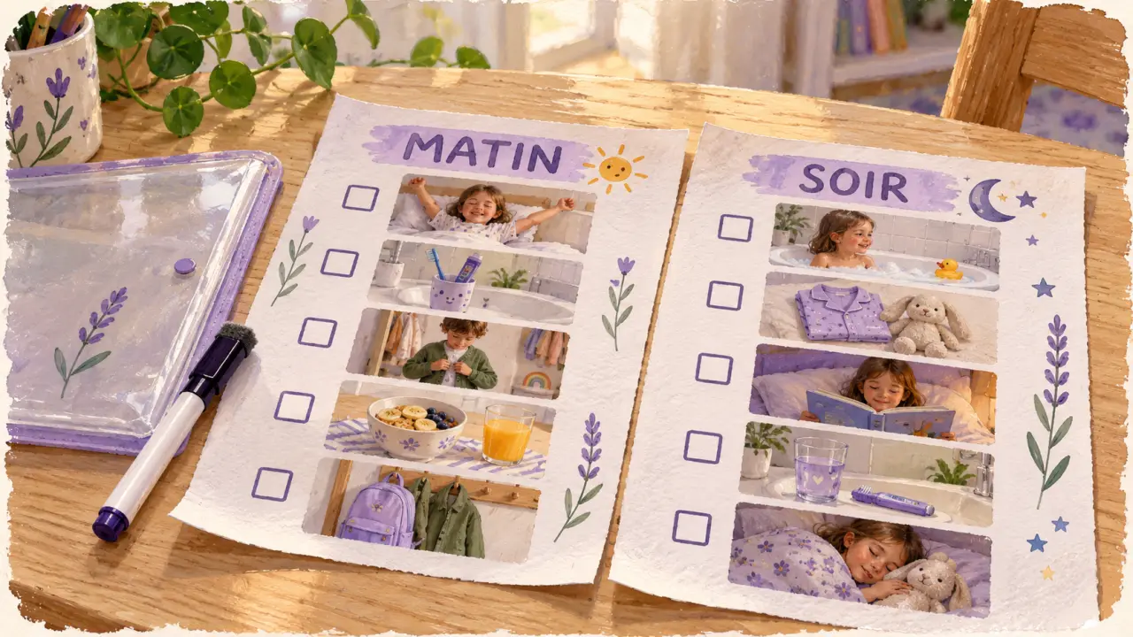 Routine du matin et du soir pdf sur table : repères enfants, cases à cocher