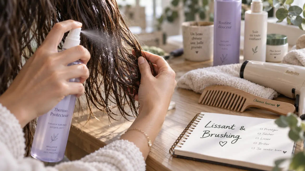 Soins cheveux lissant : spray thermo-protecteur anti-frisottis sur cheveux humides